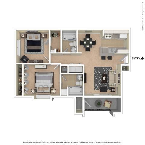 Floor plan for 2 beds, 2 baths, 953 sqft