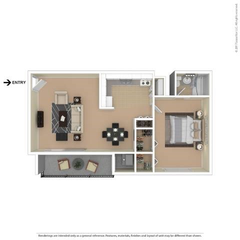 Floor plan for 1 bed, 1 bath, 579 sqft