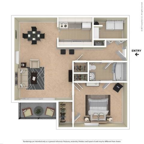 Floor plan for 1 bed, 1 bath, 720 sqft