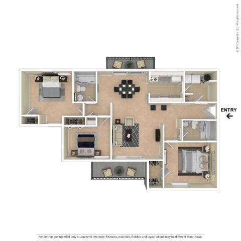 Floor plan for 3 beds, 2 baths, 1080 sqft