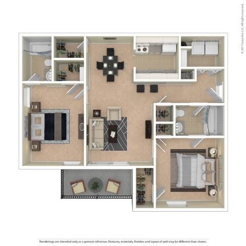 Floor plan for 2 beds, 2 baths, 940 sqft