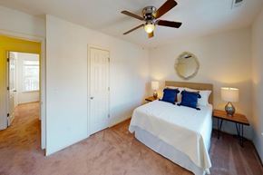Suffolk apartment for rent - A bedroom with a bed, a ceiling fan, and a mirror.