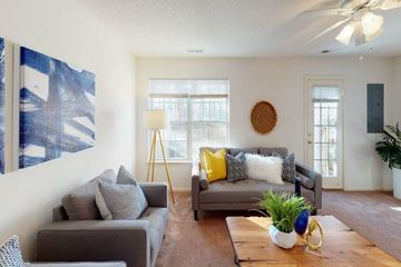 Suffolk apartment for rent - A living room with a grey couch and a blue painting on the wall.
