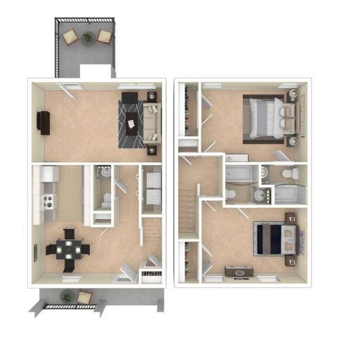 Floor plan for 2 beds, 2.5 baths, 1272 sqft