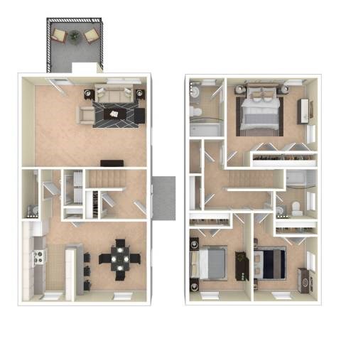 Floor plan for 3 beds, 2.5 baths, 1340 sqft