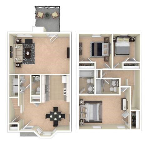 Floor plan for 3 beds, 2.5 baths, 1422 sqft