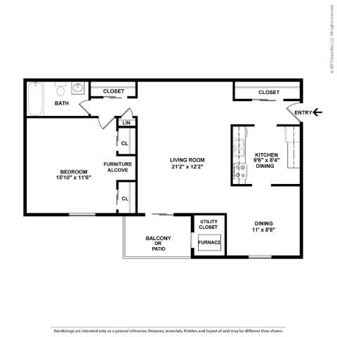 Floor plan for 1 bed, 1 bath, 785 sqft