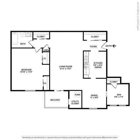 Floor plan for 1 bed, 1 bath, 841 sqft