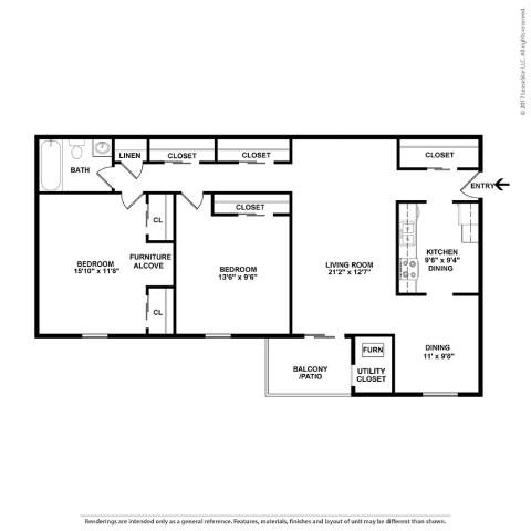 Floor plan for 2 beds, 1 bath, 1005 sqft