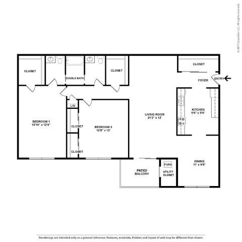 Floor plan for 2 beds, 2 baths, 1101 sqft