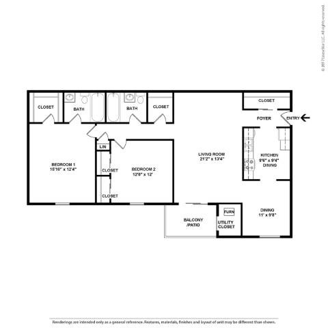 Floor plan for 2 beds, 2 baths, 1045 sqft