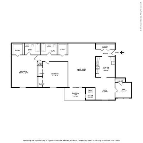 Floor plan for 2 beds, 2 baths, 1101 sqft