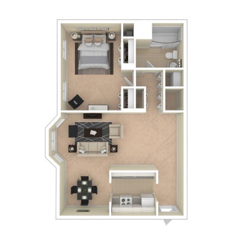 Floor plan for 1 bed, 1 bath, 784 sqft