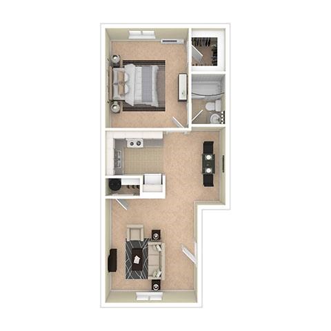Floor plan for 1 bed, 1 bath, 665 sqft