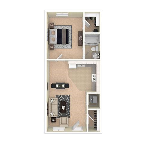 Floor plan for 1 bed, 1 bath, 770 sqft