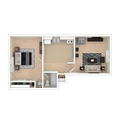 Floor plan for 1 bed, 1 bath, 645 sqft