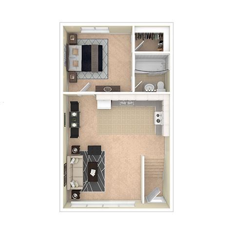 Floor plan for 1 bed, 1 bath, 770 sqft