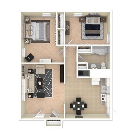 Floor plan for 2 beds, 1 bath, 900 sqft