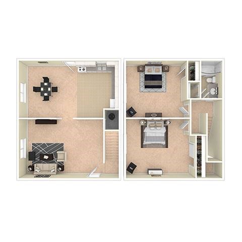 Floor plan for 2 beds, 1 bath, 950 sqft