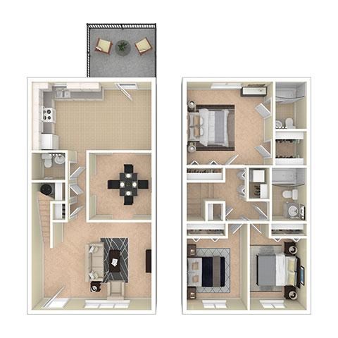 Floor plan for 3 beds, 2.5 baths, 1600 sqft