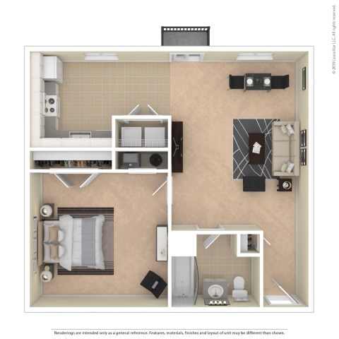 Floor plan for 1 bed, 1 bath, 770 sqft