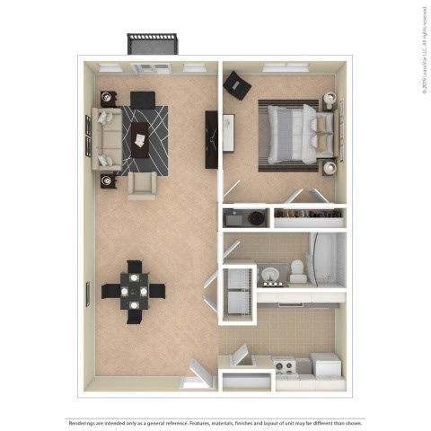 Floor plan for 1 bed, 1 bath, 770 sqft