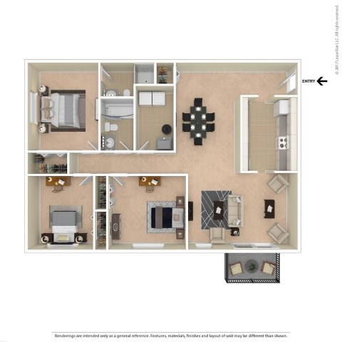 Floor plan for 3 beds, 2 baths, 1250 sqft
