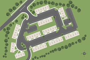 York apartment for rent - A map of a parking lot with various parking spaces and trees.