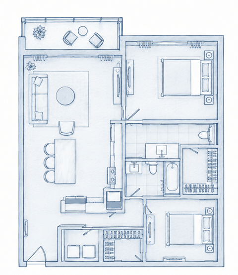 Floor plan for 2 beds, 2 baths, 1025 sqft