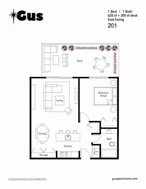 Floor plan for 1 bed, 1 bath, 625 sqft
