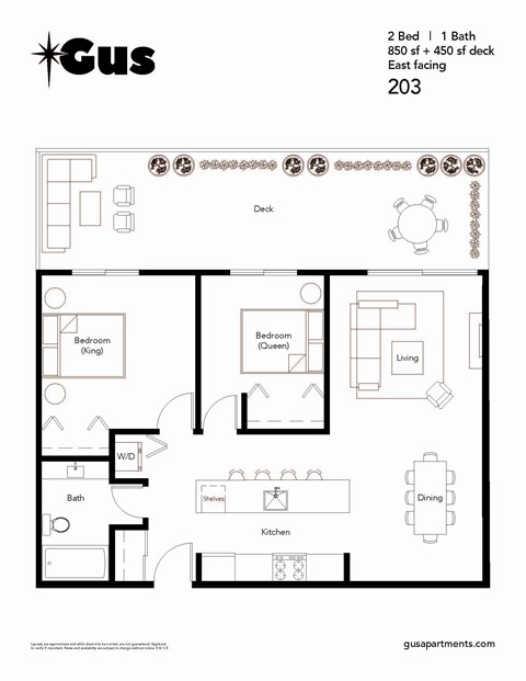 Floor plan for 2 beds, 1 bath, 850 sqft