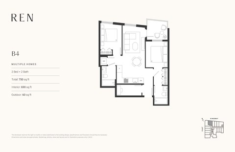 Floor plan for 2 beds, 2 baths, 900 sqft
