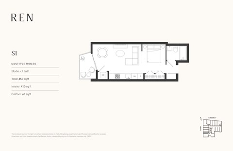 Floor plan for 1 bed, 1 bath, 435 sqft