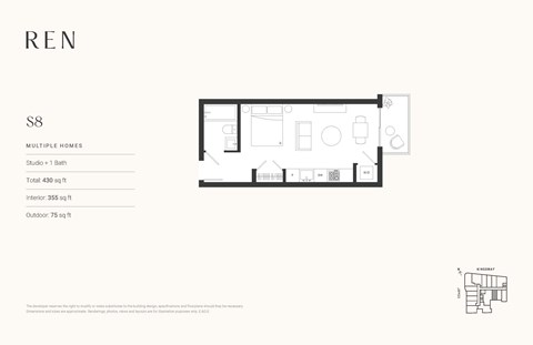 Floor plan for studio, 1 bath, 385 sqft