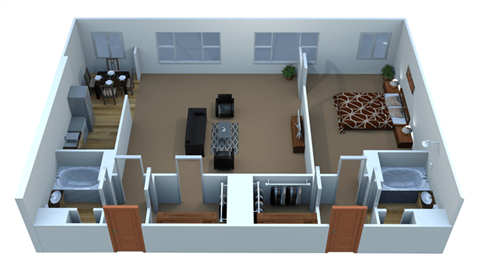 Floor plan for 1 bed, 2 baths, 848 sqft