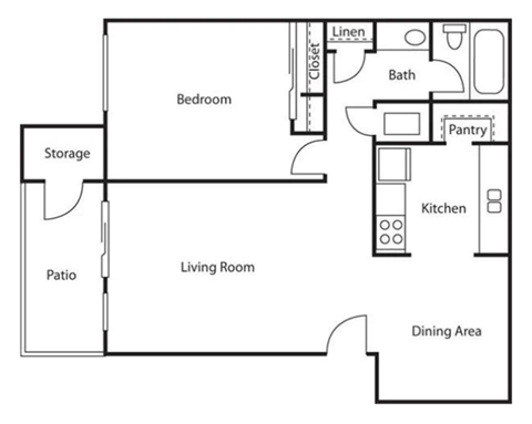 Floor plan for 1 bed, 1 bath, 760 sqft