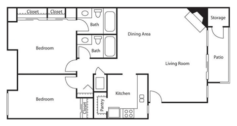 Floor plan for 2 beds, 2 baths, 1050 sqft
