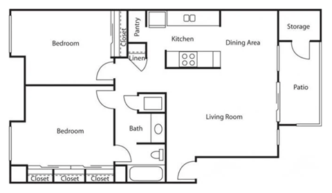 Floor plan for 2 beds, 1 bath, 960 sqft