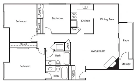 Floor plan for 3 beds, 2 baths, 1250 sqft