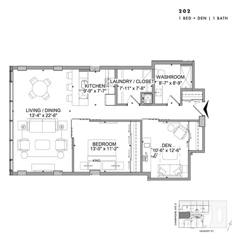 Floor plan for 1 bed, 1 bath, 1039 sqft