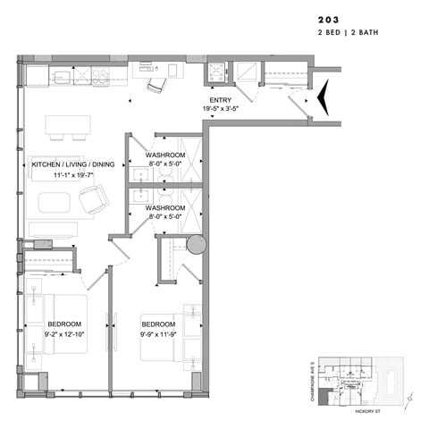 Floor plan for 2 beds, 2 baths