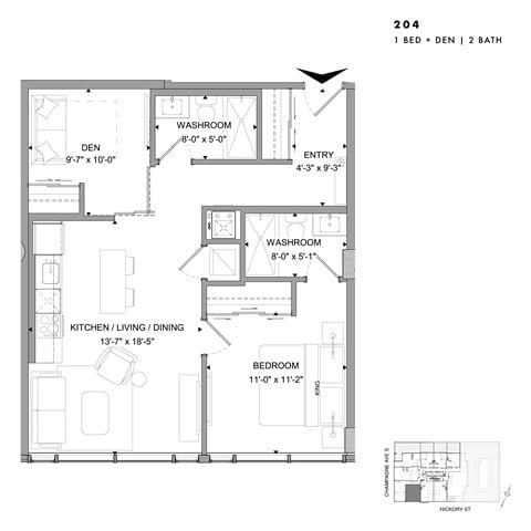 Floor plan for 1 bed, 2 baths, 763 sqft