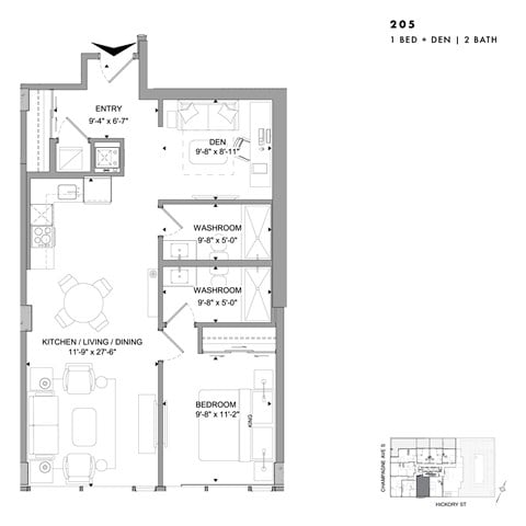 Floor plan for 1 bed, 2 baths, 853 sqft