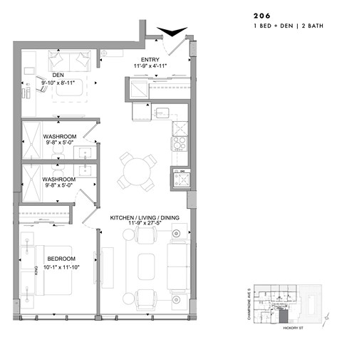 Floor plan for 1 bed, 2 baths, 830 sqft