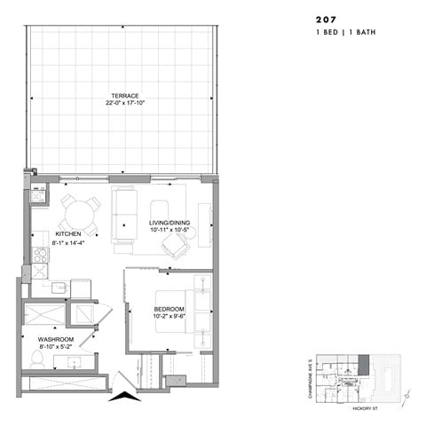 Floor plan for 1 bed, 1 bath