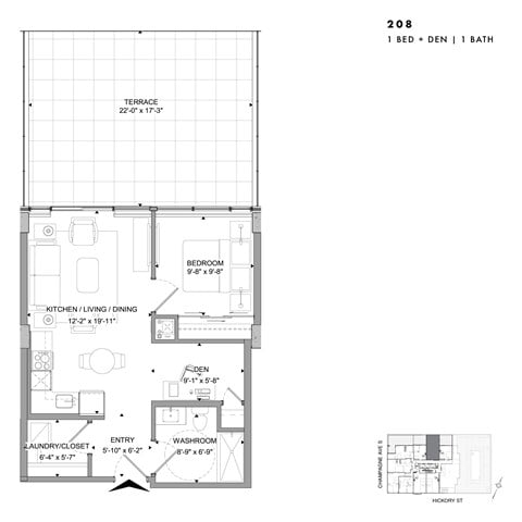 Floor plan for 1 bed, 1 bath