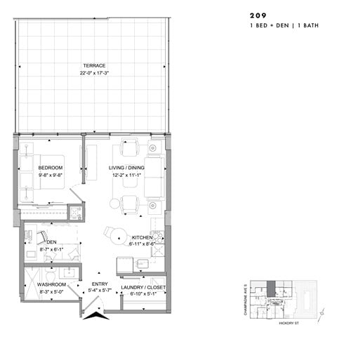 Floor plan for 1 bed, 1 bath
