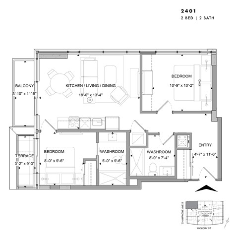 Floor plan for 2 beds, 2 baths, 773 sqft