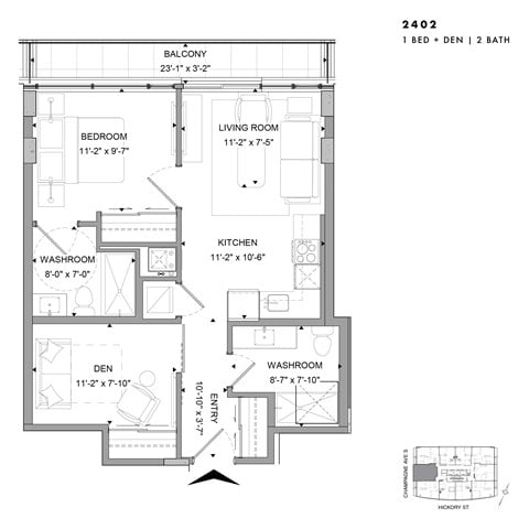 Floor plan for 1 bed, 2 baths