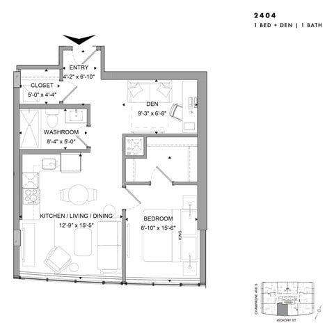 Floor plan for 1 bed, 1 bath, 627 sqft